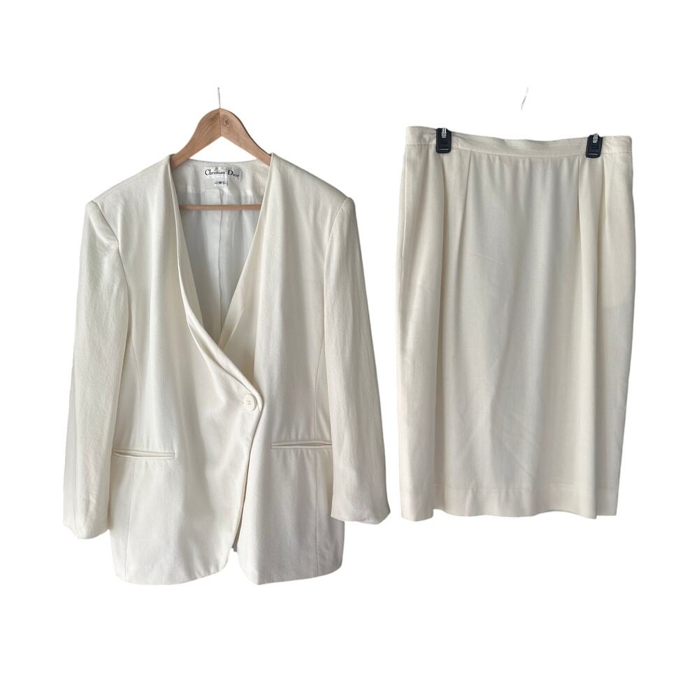 Vintage White Cream Christian Dior skirt suit two piece set blazer Size 16